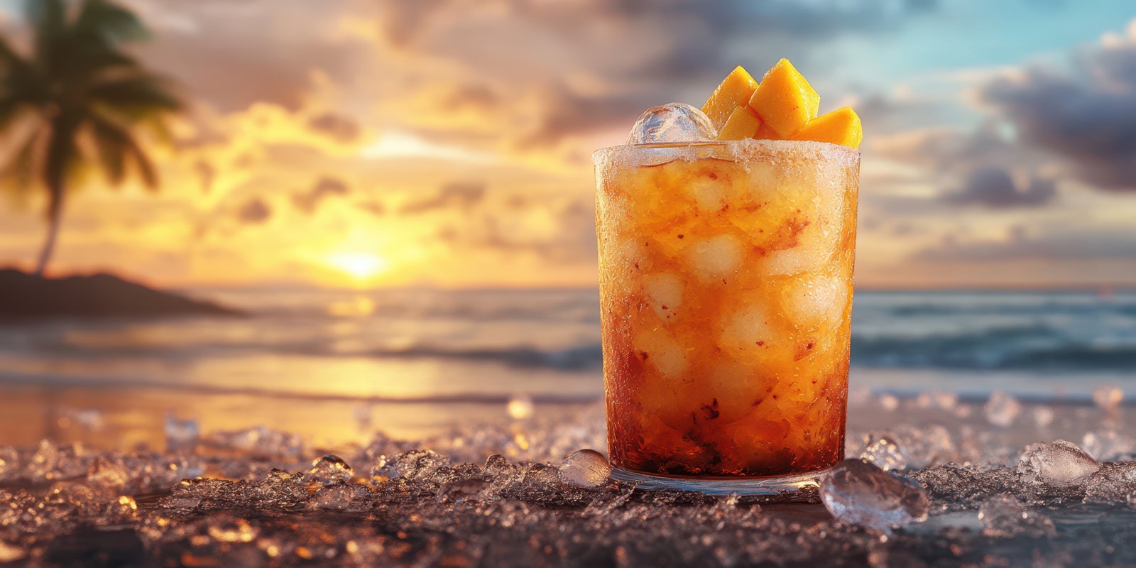 Refreshing tropical drink with mango at sunset by the beach